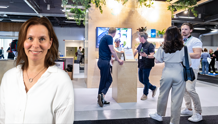 Picture of Linda Elmén, sustainability manager at Stockholmsmässan and a stand from NSE 2023