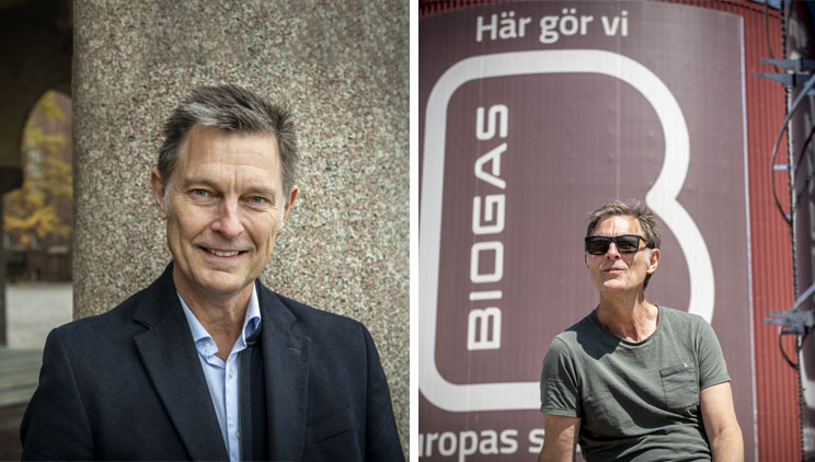 Två bilder på Jan Rapp, den ena är ett porträtt på Jan Rapp och den andra bilden föreställer Jan framför en biogas tank som det står "Här gör vi Biogas"